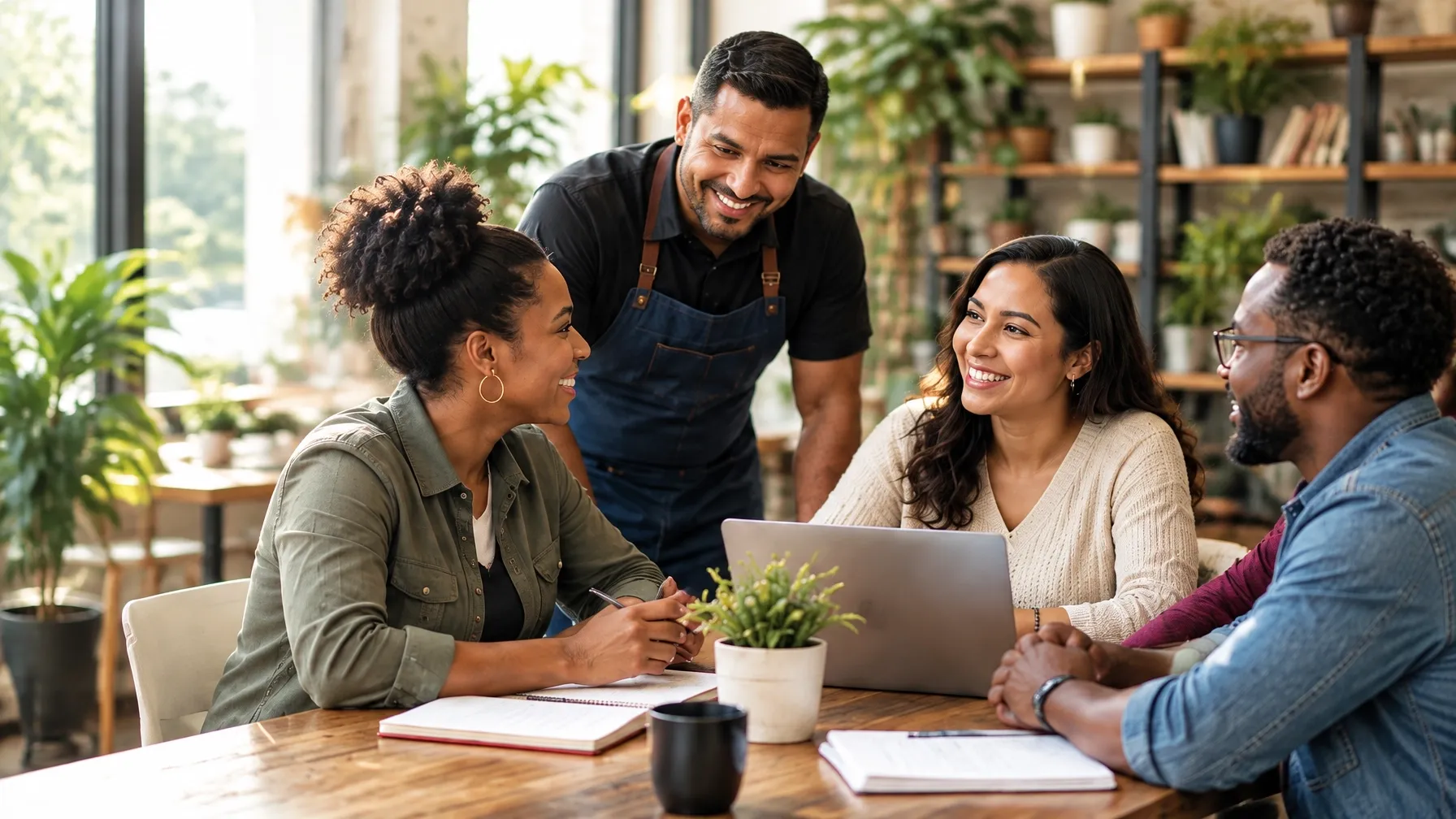 Local entrepreneurs sharing ideas around a table in a welcoming community workspace